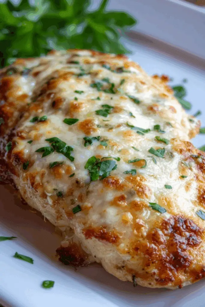 Low Carb Keto Garlic Parmesan Chicken on a plate with melted cheese
