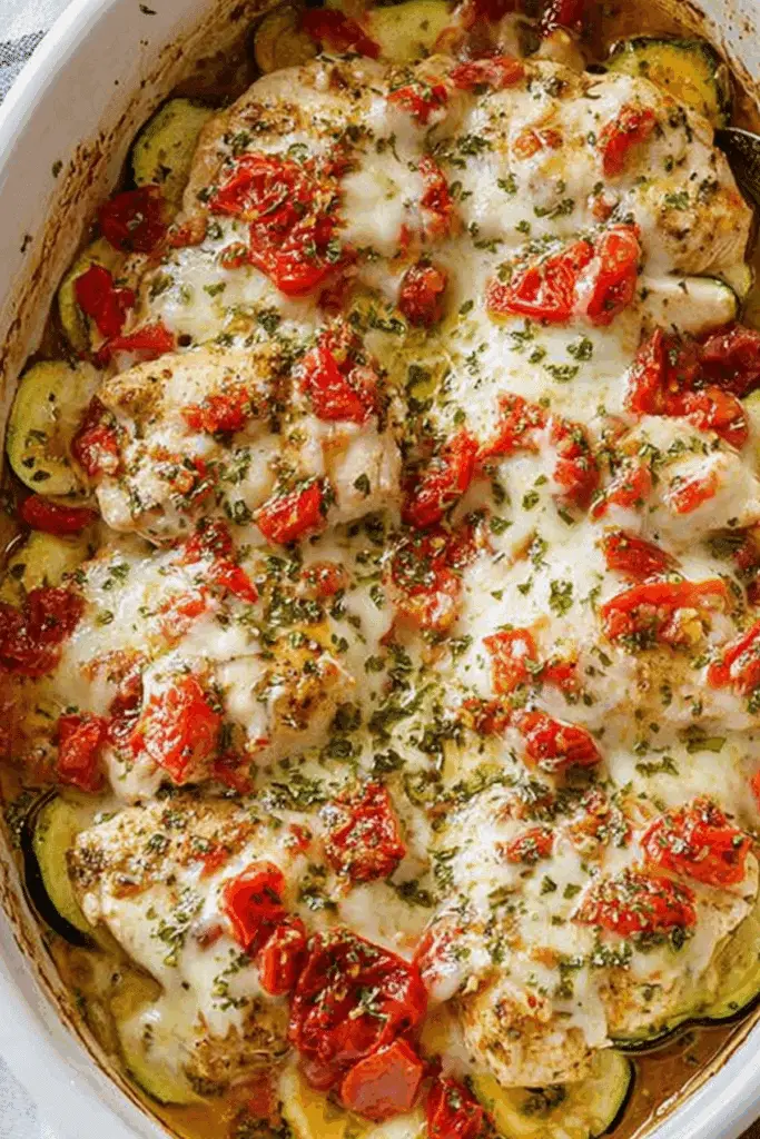 Mediterranean Chicken Zucchini Bake with fresh vegetables and melted cheese