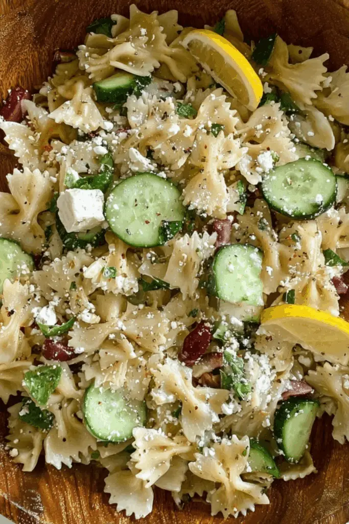 Mediterranean Pasta Salad served in a bowl with fresh vegetables and crumbled goat cheese