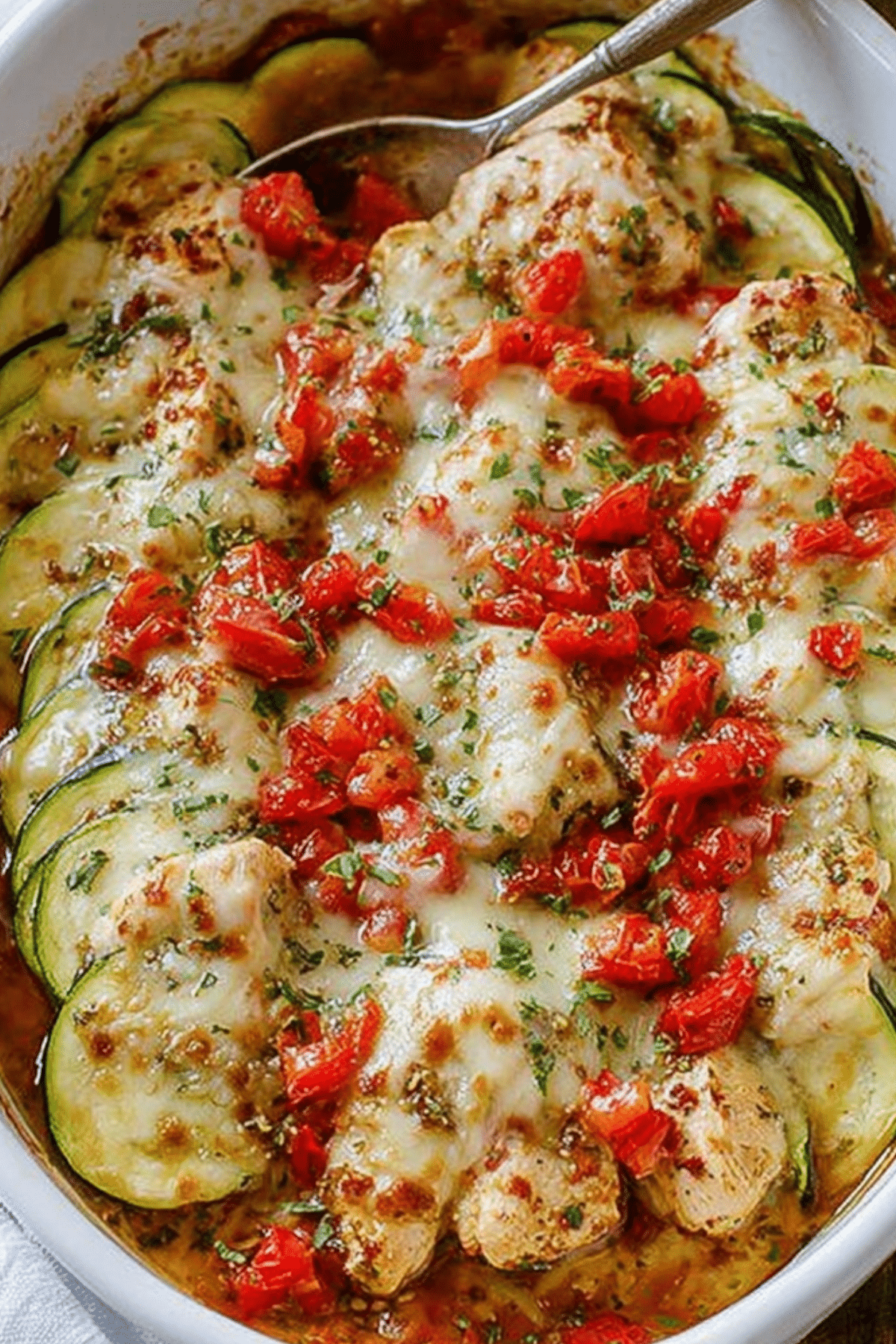 Mediterranean Chicken Zucchini Bake with fresh vegetables and melted cheese