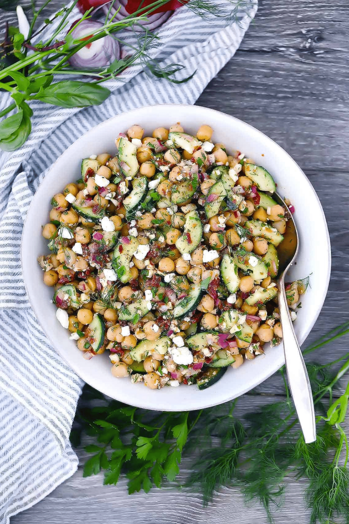 Mediterranean Chickpea Salad with feta, cucumbers, and sun-dried tomatoes