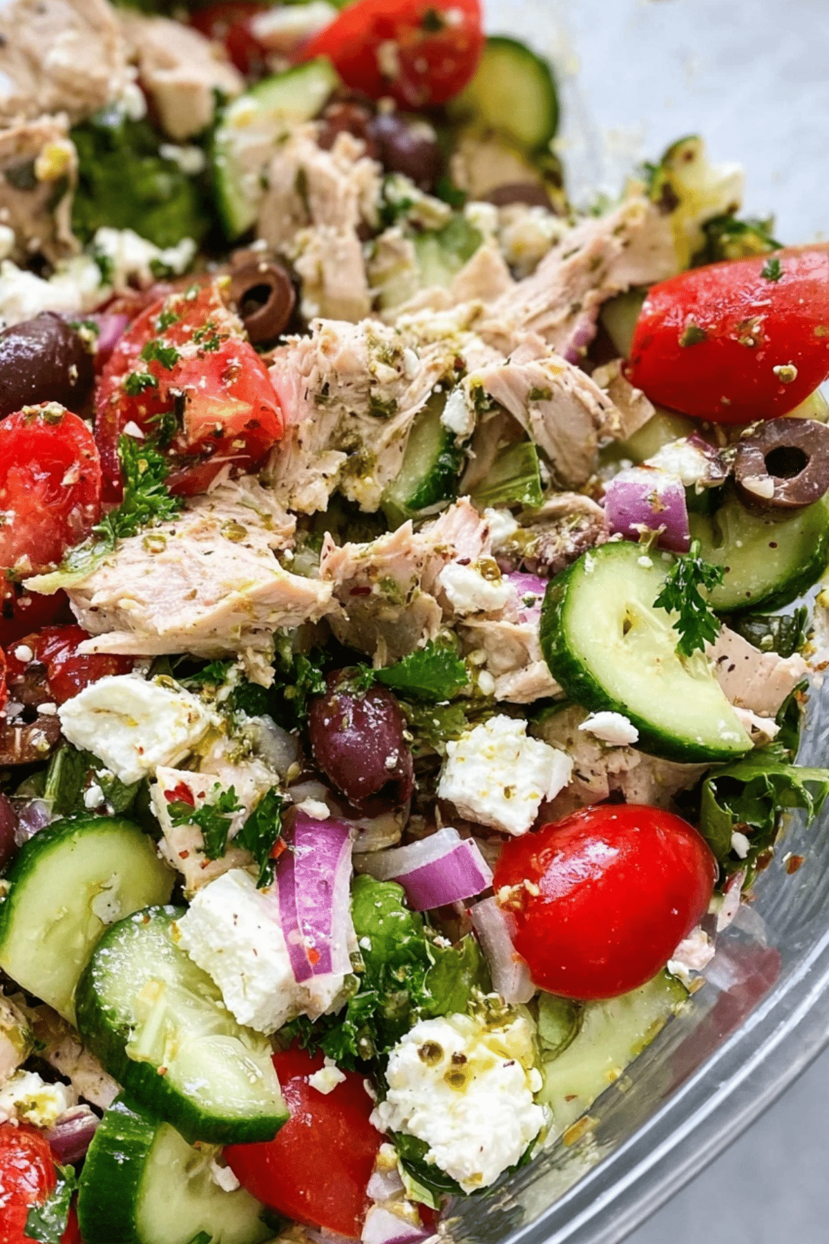 Mediterranean Tuna Salad with olives, tomatoes, and feta