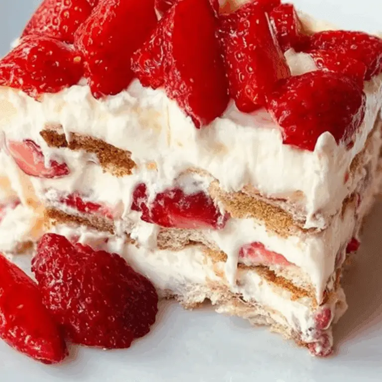 Strawberry Icebox Cake layered with cream and fresh strawberries