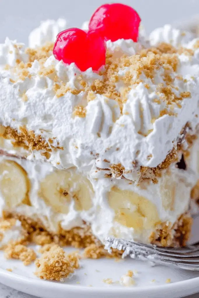 No Bake Banana Split Cake with bananas, pineapple, and whipped topping