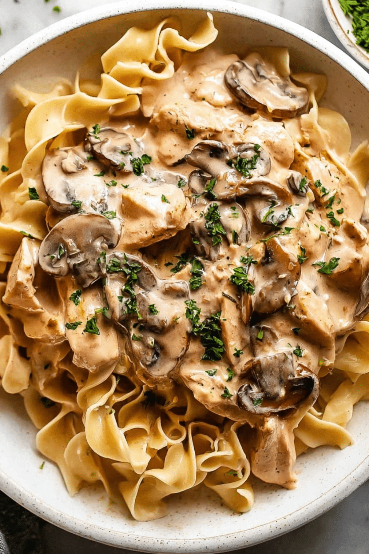 One Pan Chicken Stroganoff served with egg noodles and fresh parsley