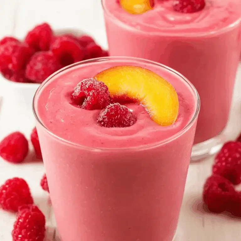 Raspberry Peach Smoothie served in a glass with fruit