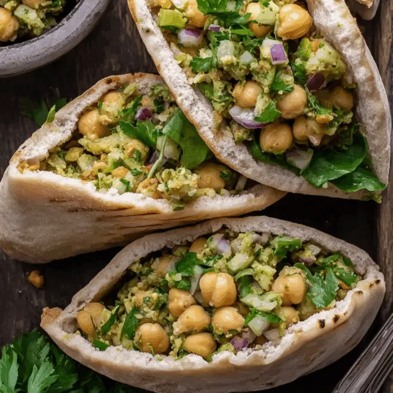 smashed chickpea salad stuffed pitas with avocado and herbs