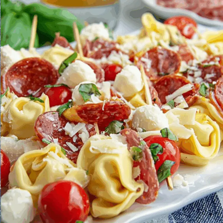 Tortellini Skewers Appetizer with mozzarella, salami, and tomatoes