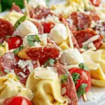 Tortellini Skewers Appetizer with mozzarella, salami, and tomatoes