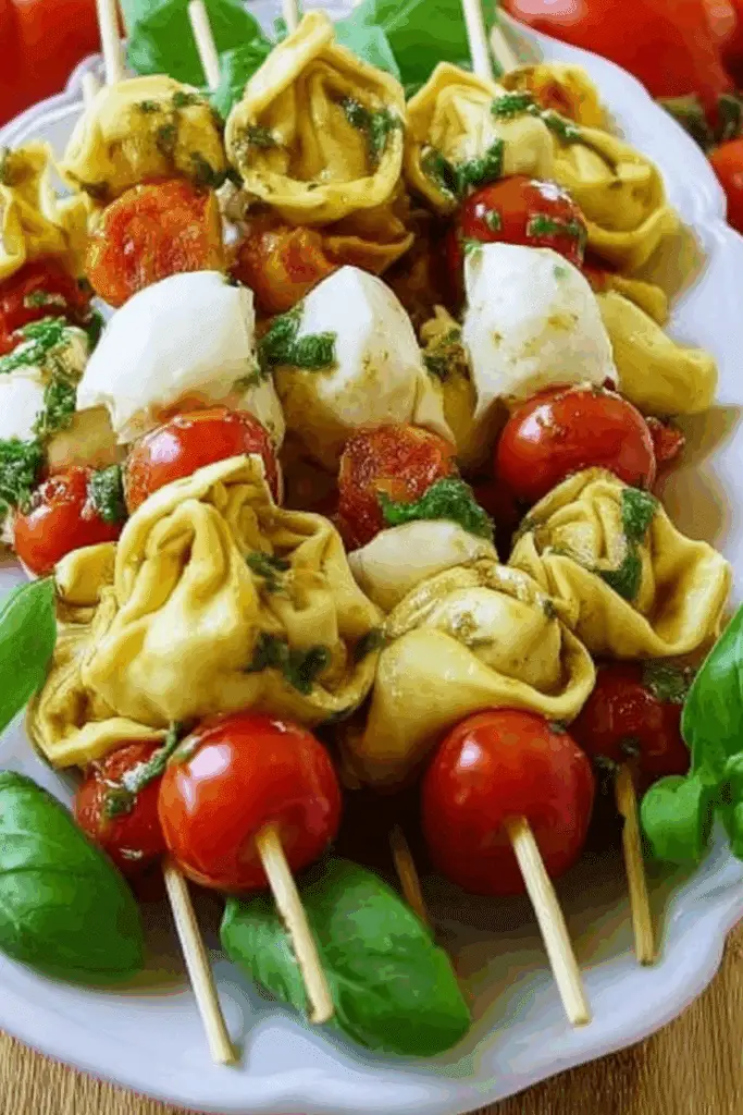Tortellini Skewers Appetizer with mozzarella, salami, and tomatoes