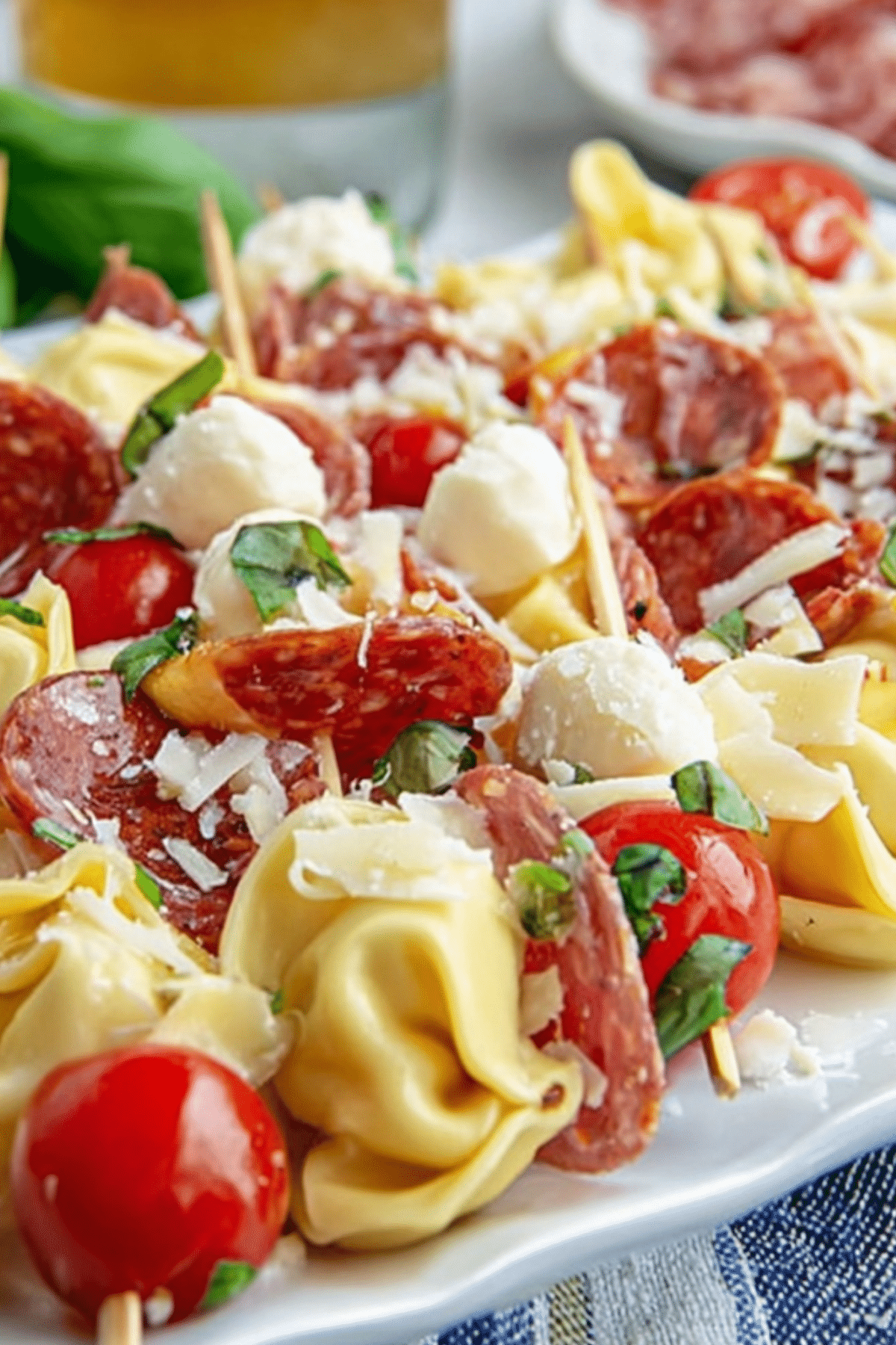 Tortellini Skewers Appetizer with mozzarella, salami, and tomatoes
