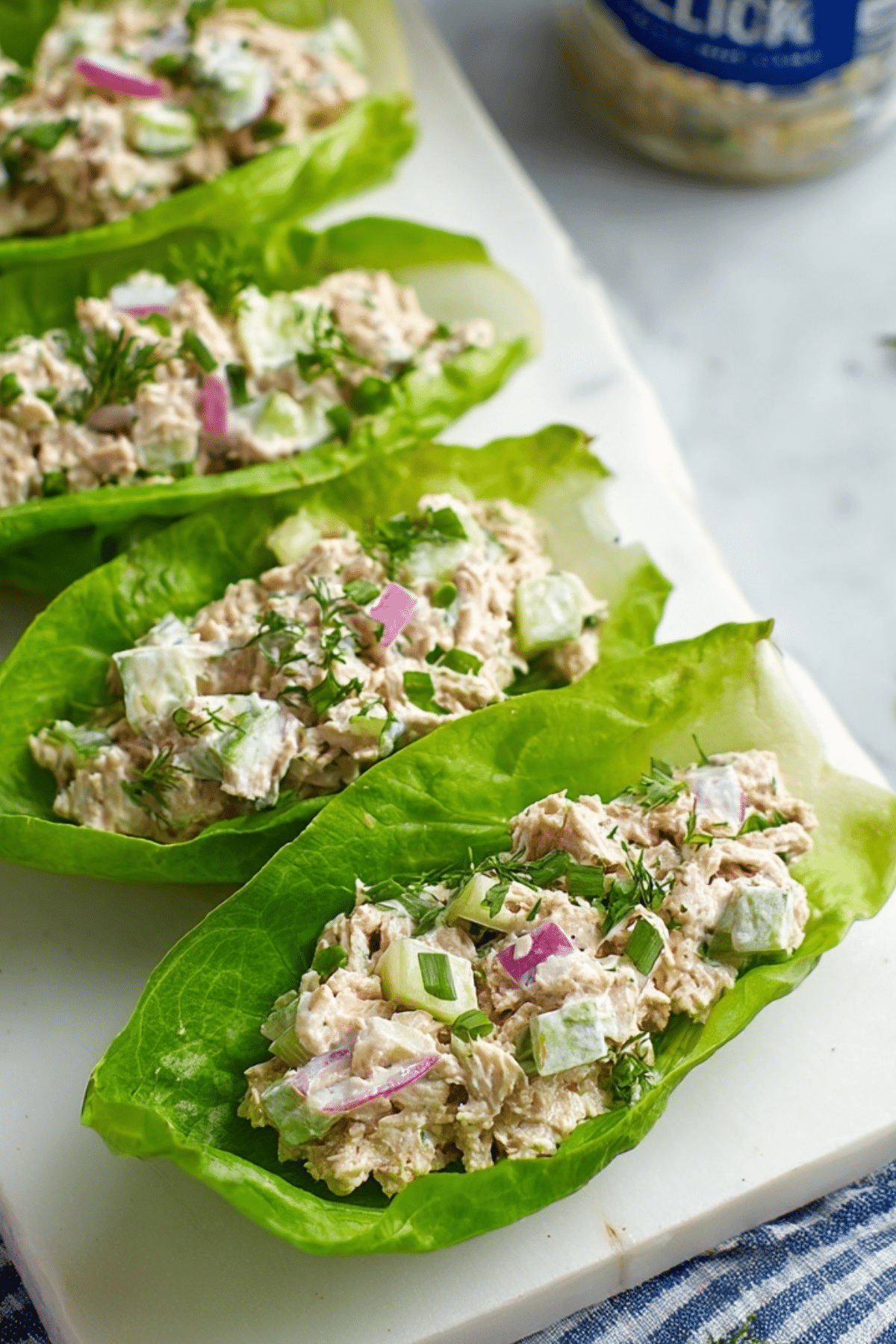 fresh and easy tuna salad boats on romaine lettuce