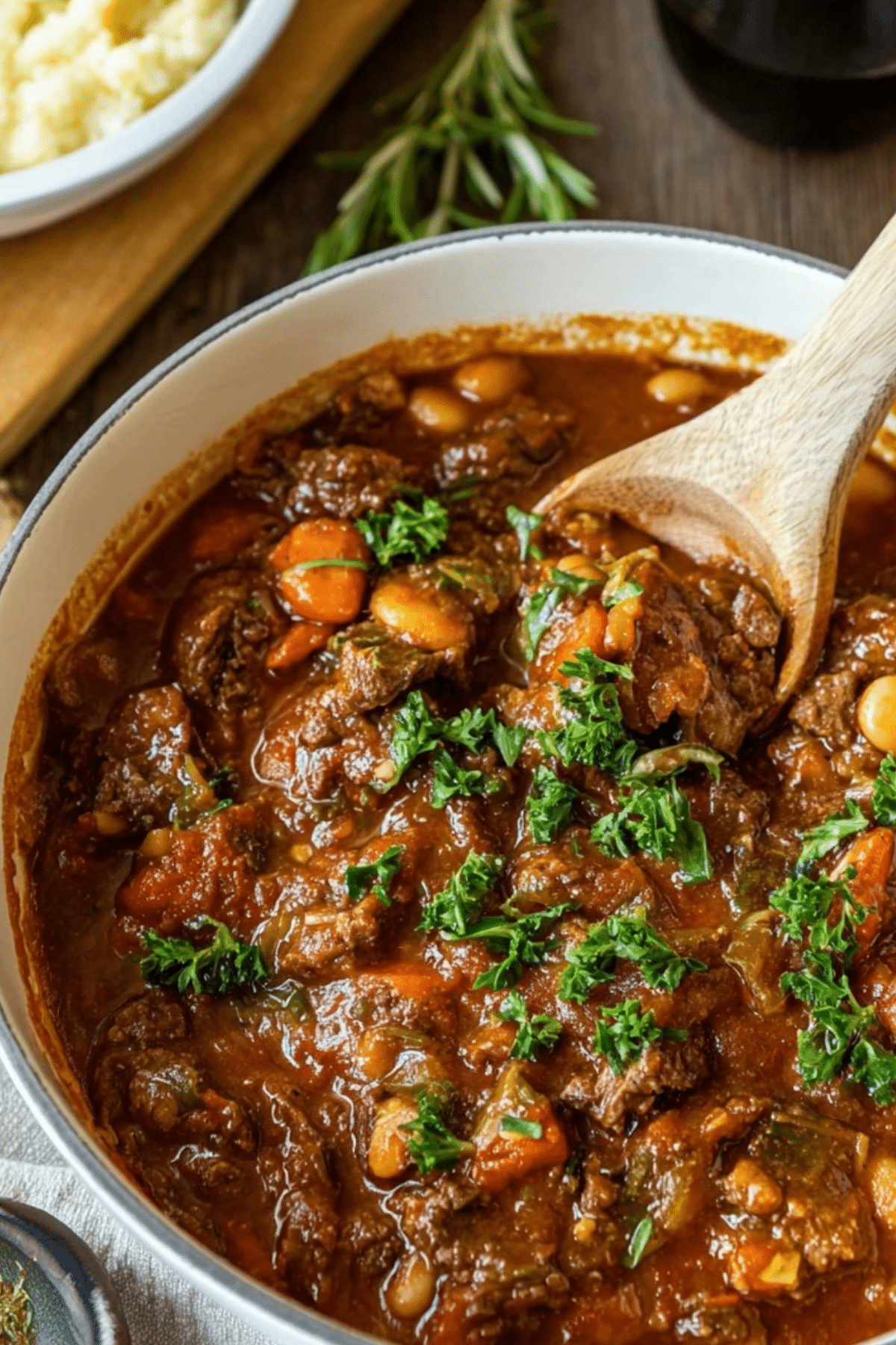 Tuscan Beef Casserole with tender beef, beans, and vegetables