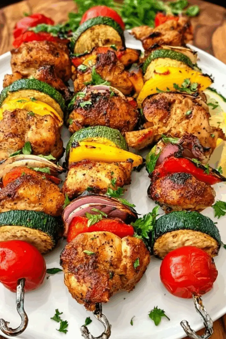 Air Fryer Chicken Kebabs served on skewers with grilled veggies