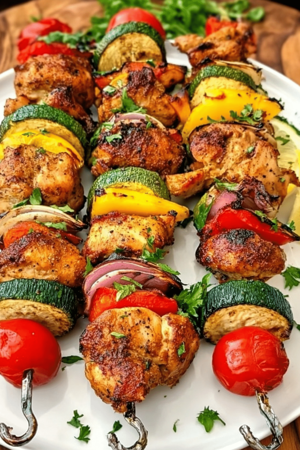 Air Fryer Chicken Kebabs served on skewers with grilled veggies