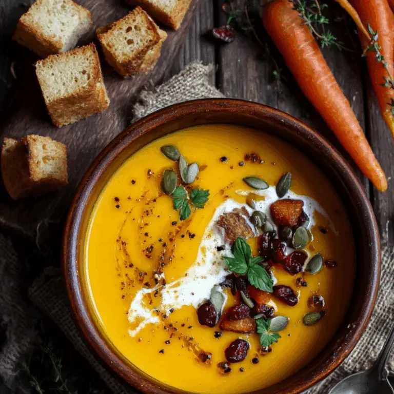 Apple Carrot and Pumpkin Soup in a bowl with crusty bread