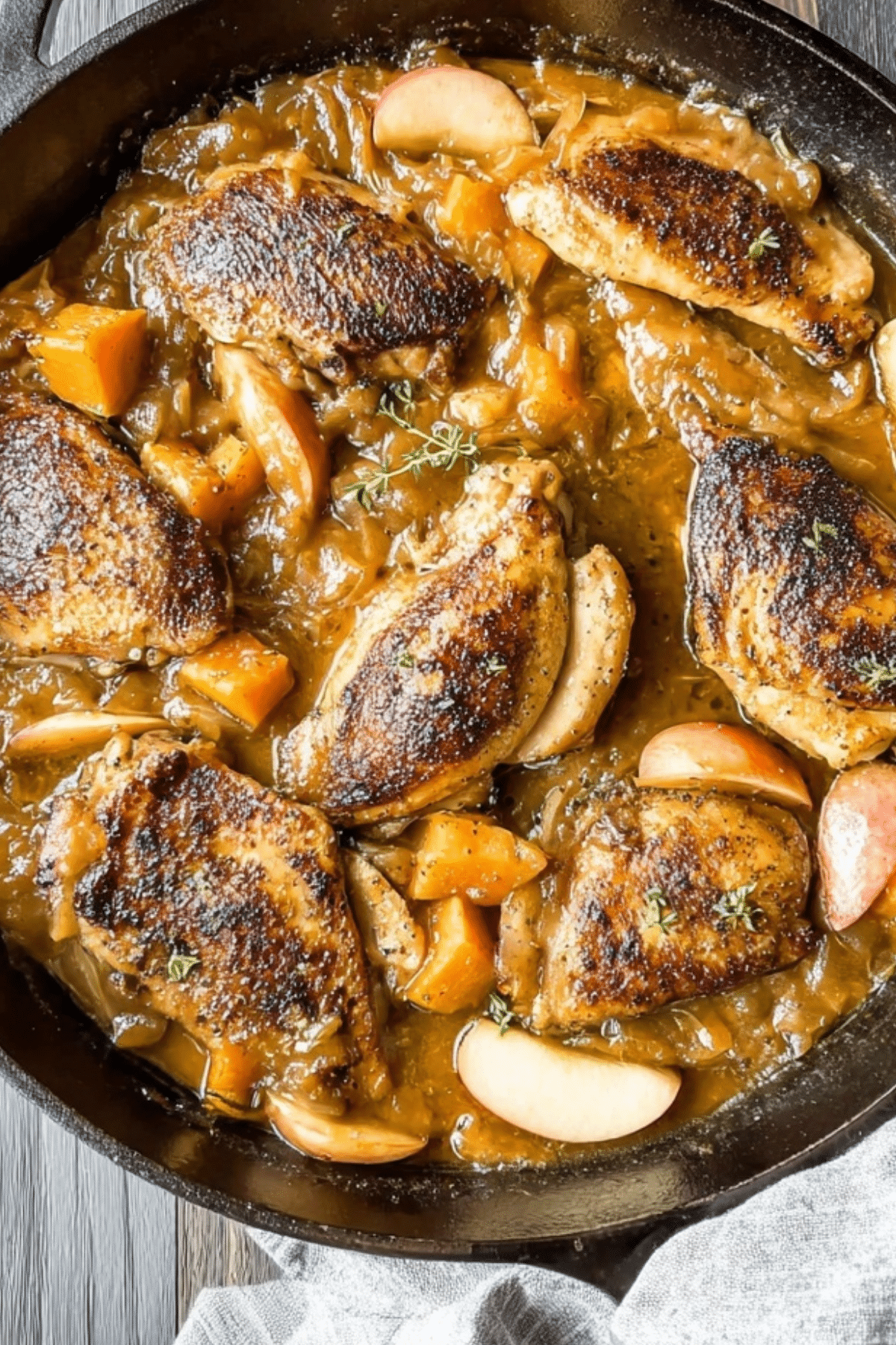 Apple Cider Chicken with Butternut Squash served with apples and squash