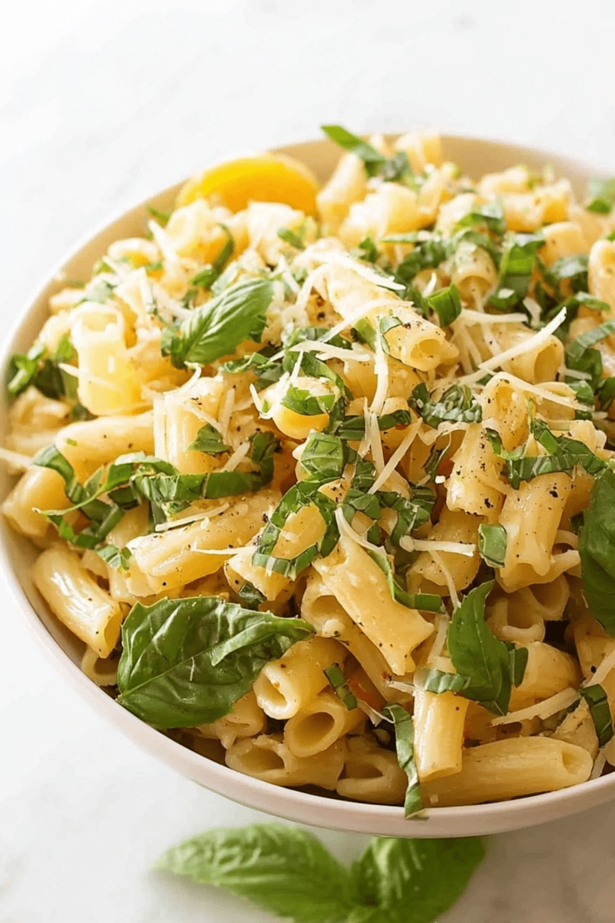 Basil Lemon Pasta Salad served in a bowl