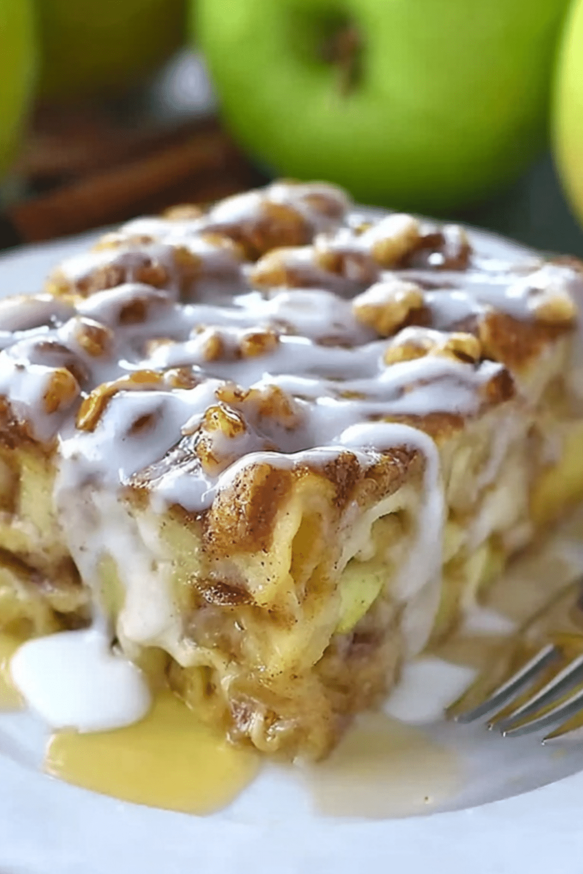 Caramel Apple Cinnamon Roll Lasagna dessert with gooey caramel and cinnamon rolls