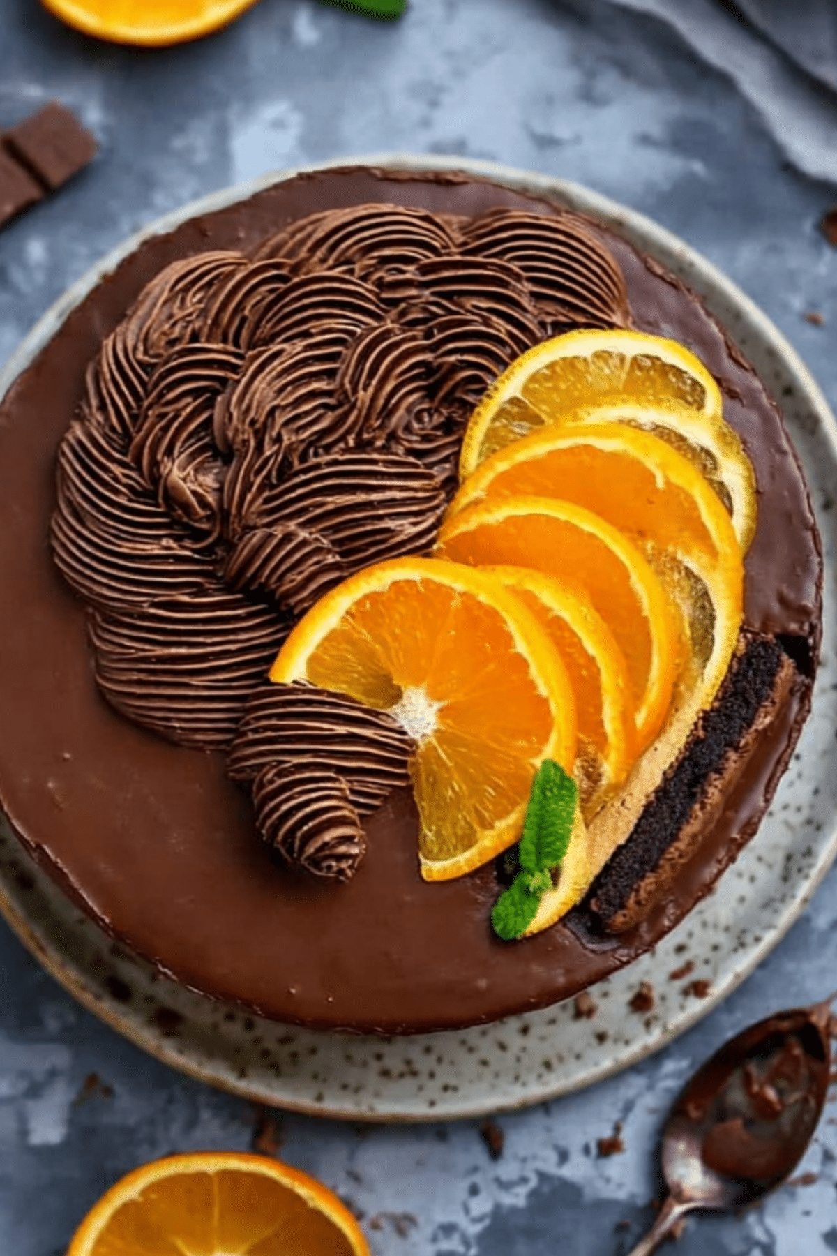 Chocolate Orange Cheesecake with chocolate drizzle and orange segments