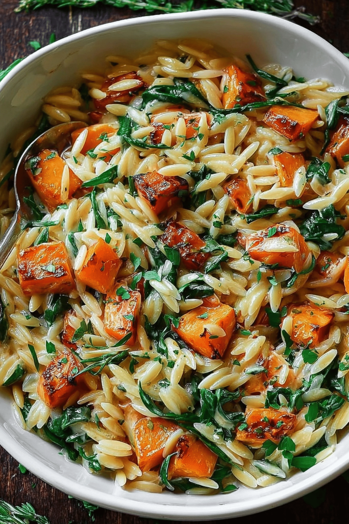 Creamy orzo pasta with roasted butternut squash and spinach in a skillet