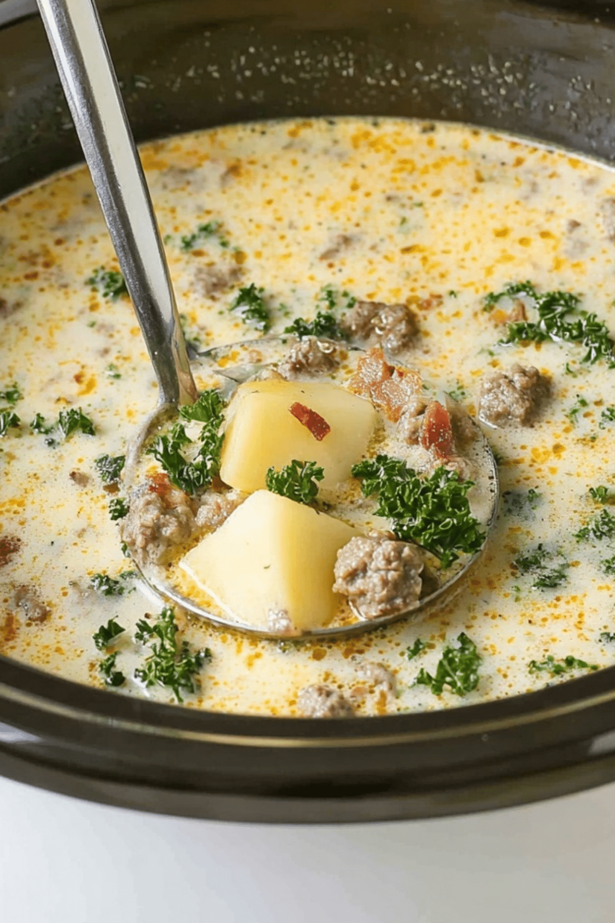 Crock Pot Zuppa Toscana – creamy, hearty soup with sausage, bacon, and kale