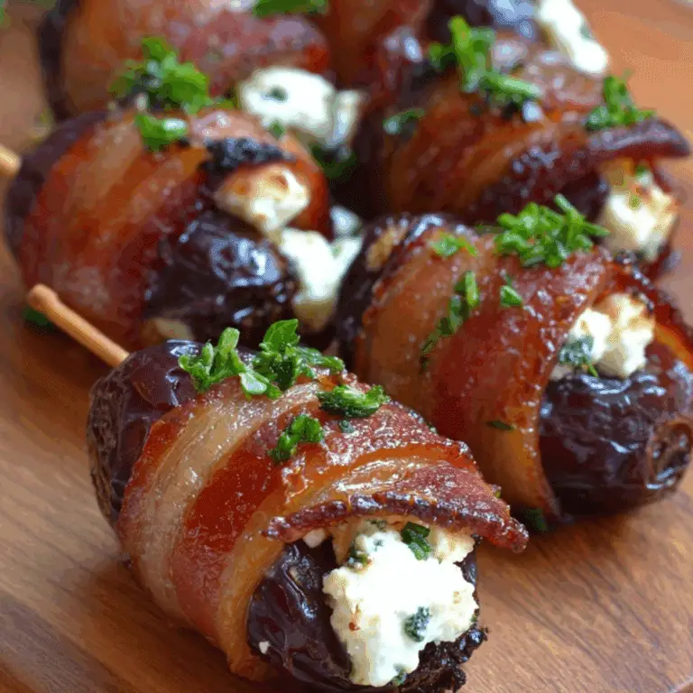 Goat Cheese Stuffed Bacon Wrapped Dates recipe with rosemary honey drizzle