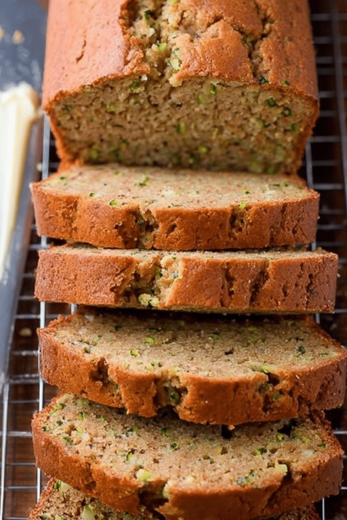 Greek Yogurt Zucchini Bread slice with a moist and tender crumb