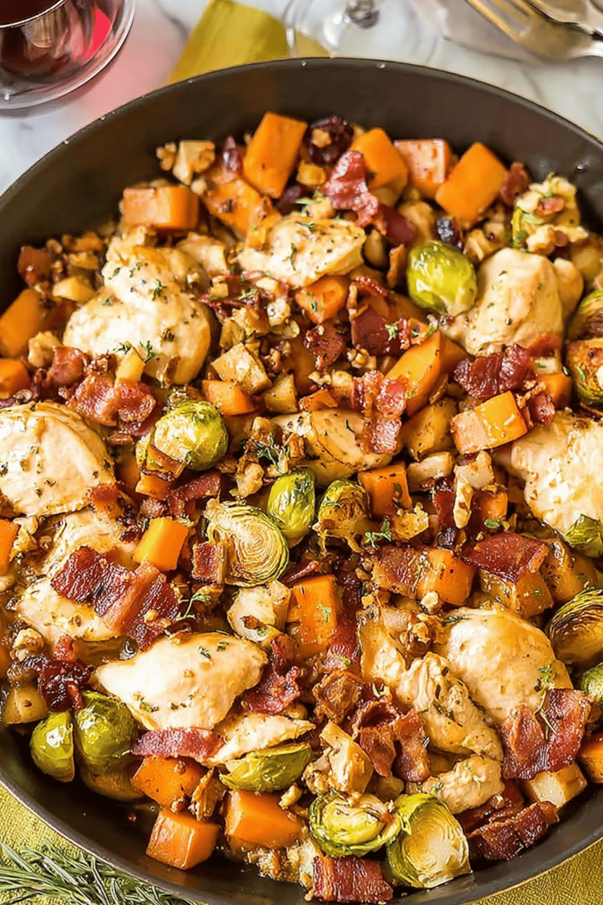 Harvest Chicken Skillet with sweet potatoes and Brussels sprouts in a one-pan dinner