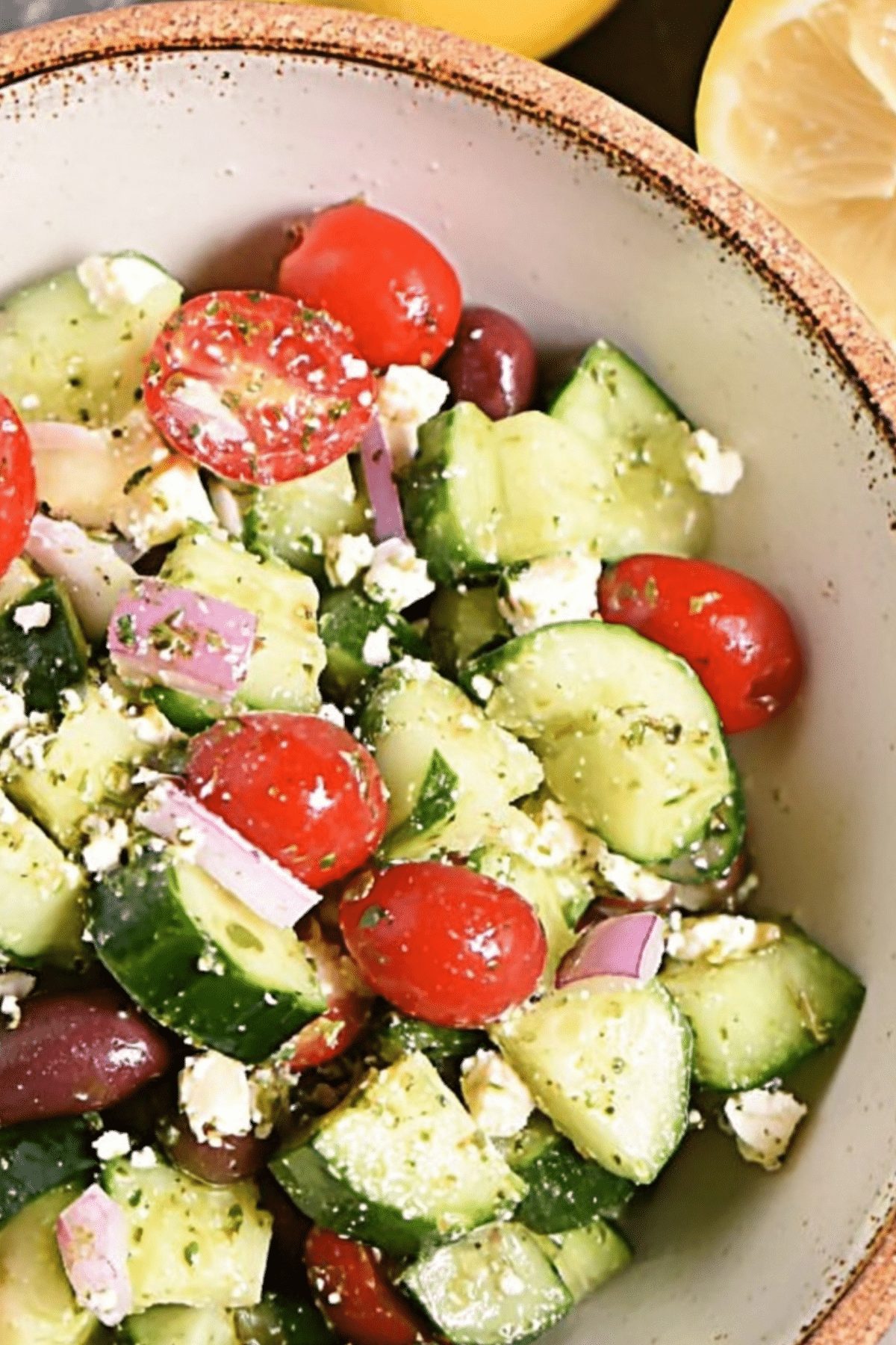 Keto Greek Cucumber Salad with cucumbers, feta, olives, and tomatoes