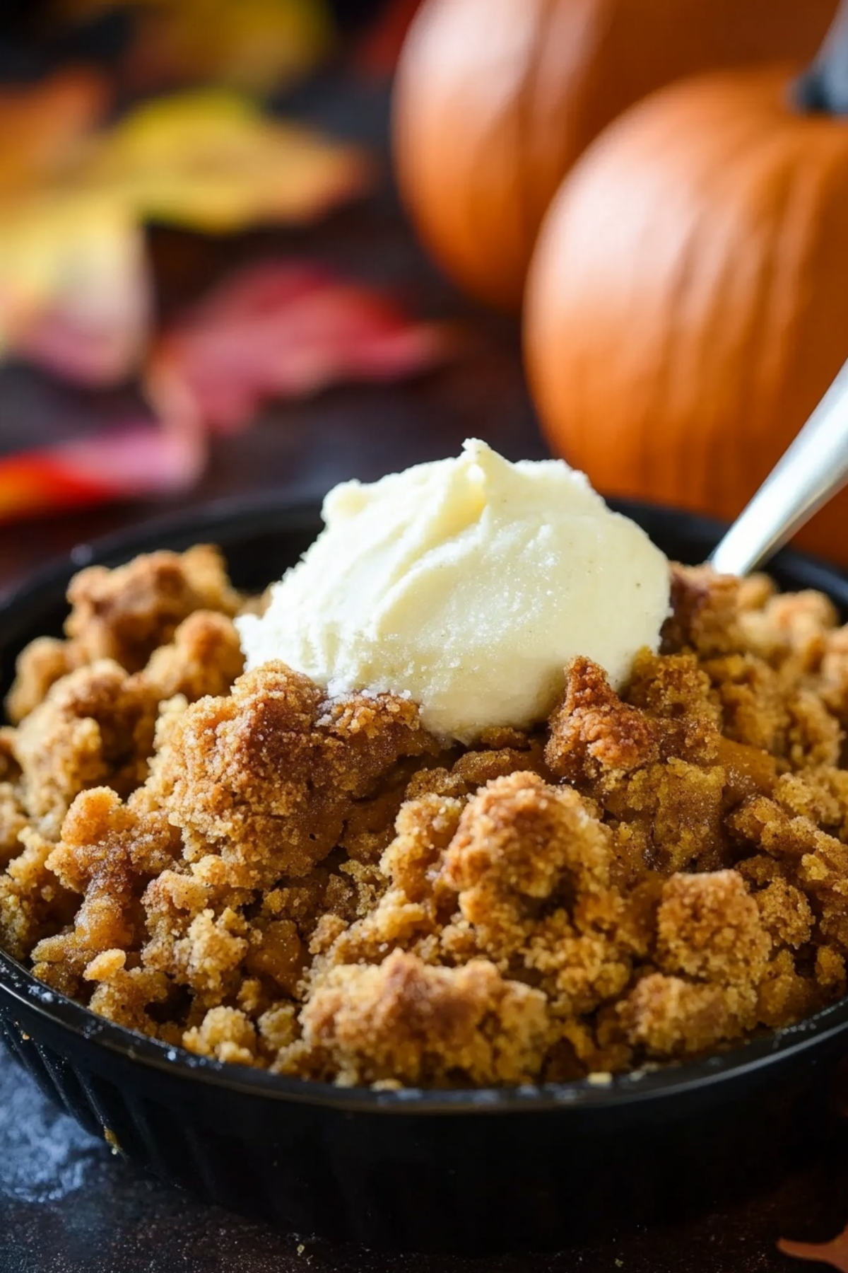 Pumpkin Crisp with cinnamon streusel topping and vanilla ice cream
