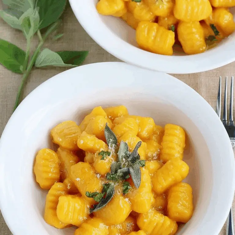Pumpkin Gnocchi served with vegan sage butter and crispy sage leaves.