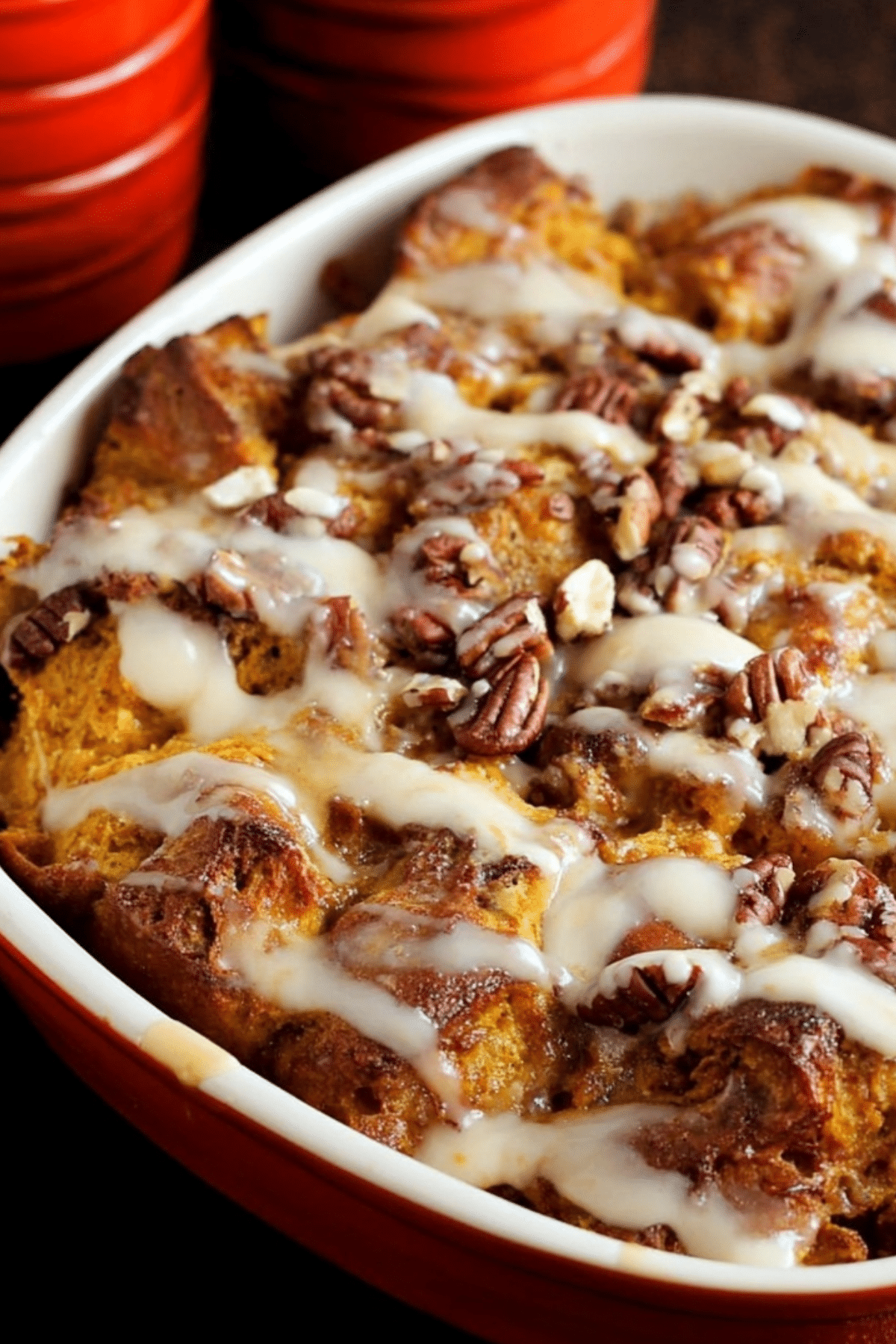 Pumpkin Pie Bread Pudding with Challah dessert with pecan topping