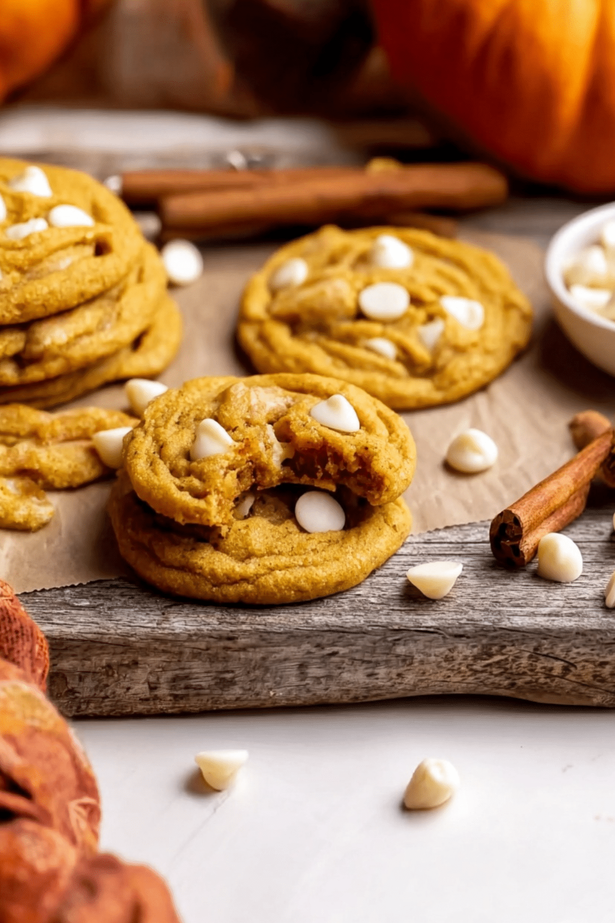 Pumpkin White Chocolate Chip Cookies with a chewy center and crispy edges