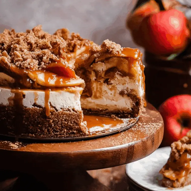 salted caramel apple pie cheesecake with caramel drizzle
