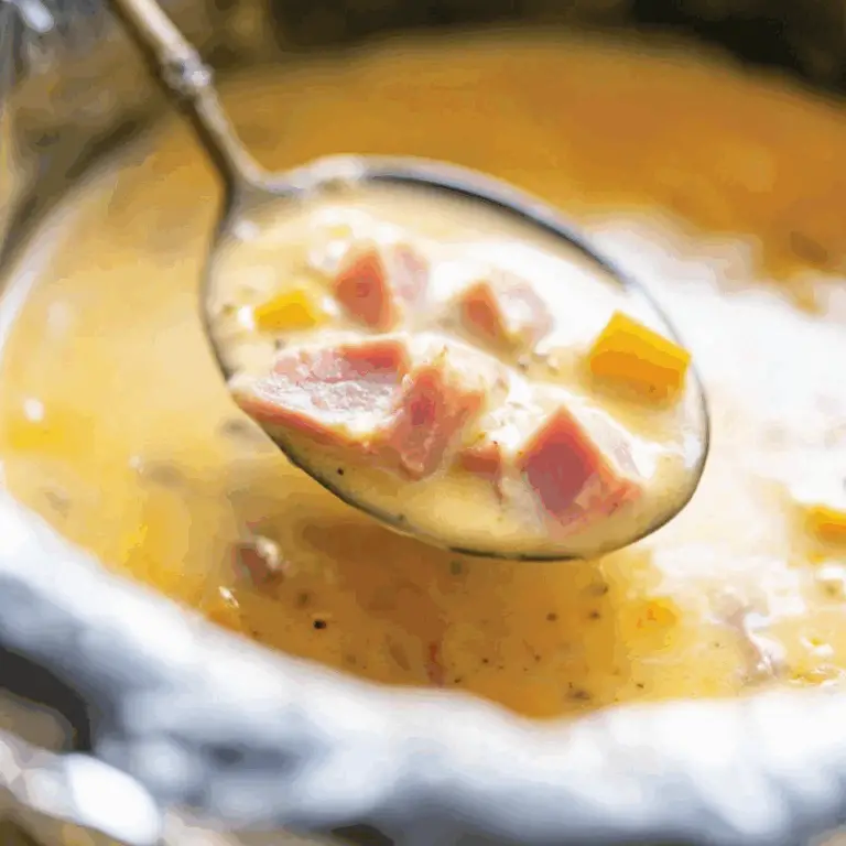 Slow Cooker Ham and Cheese Soup in a bowl with bread on the side