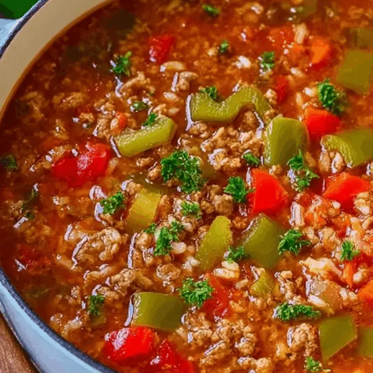 Stuffed Pepper Soup served in a bowl with bell peppers and rice