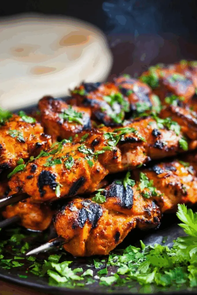 Tandoori Chicken Tikka Kebab Skewers on a grill with vibrant spices