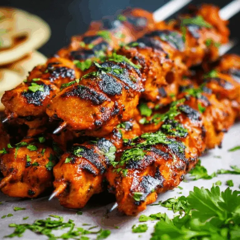 Tandoori Chicken Tikka Kebab Skewers on a grill with vibrant spices