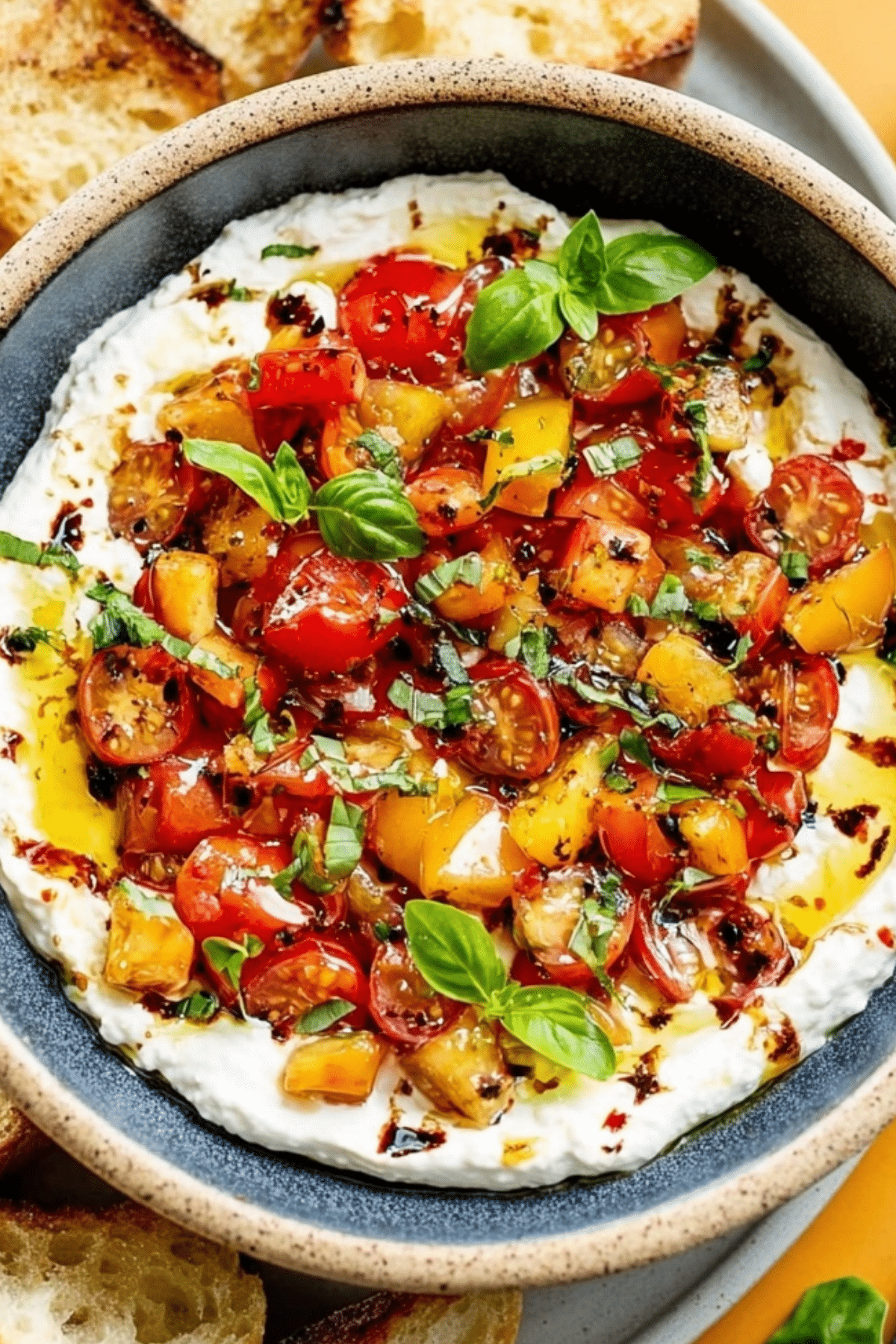 creamy whipped feta bruschetta dip with tomatoes and balsamic glaze