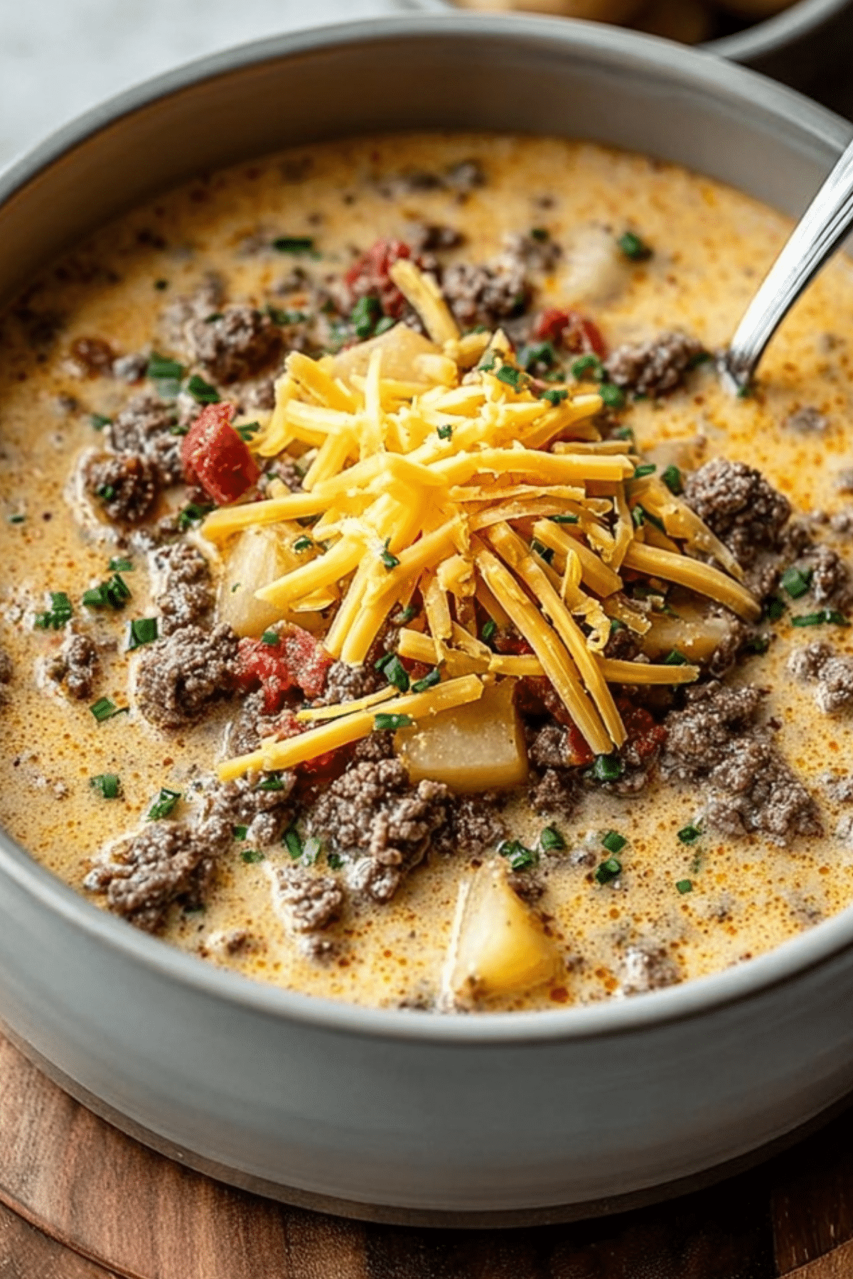Cheeseburger Soup served with toppings