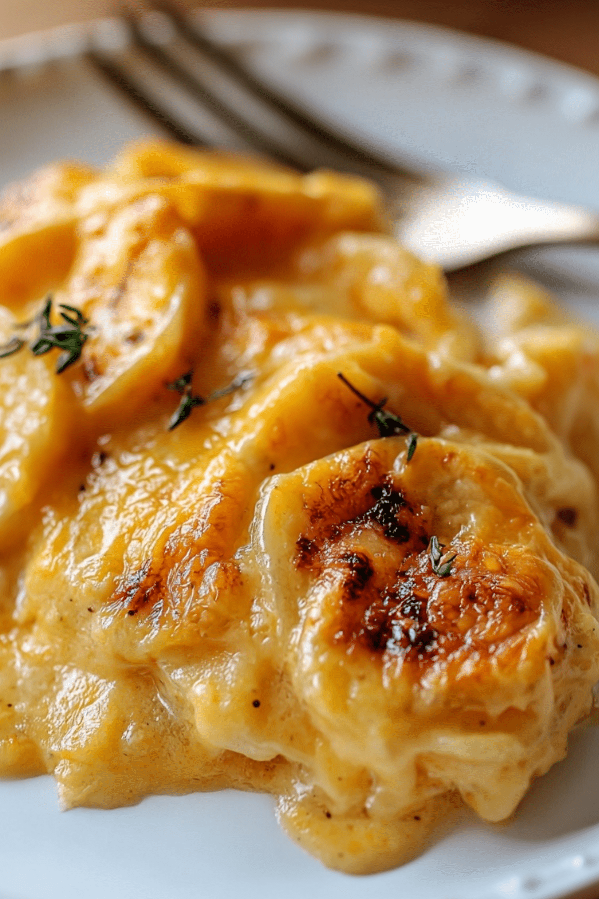 Cheesy scalloped potatoes baked in a creamy cheddar sauce