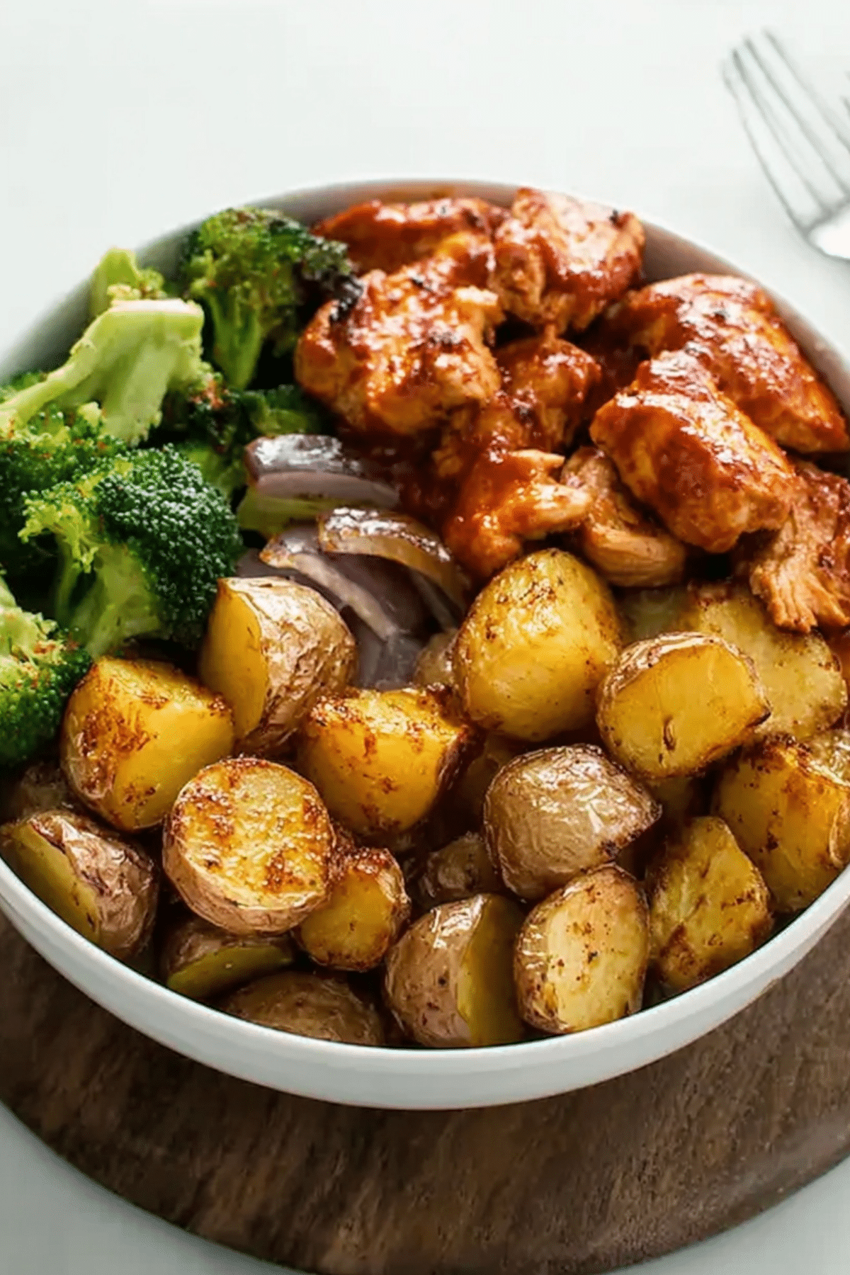 Chicken and Roasted Potato Bowl served with BBQ chicken, roasted potatoes, and broccoli