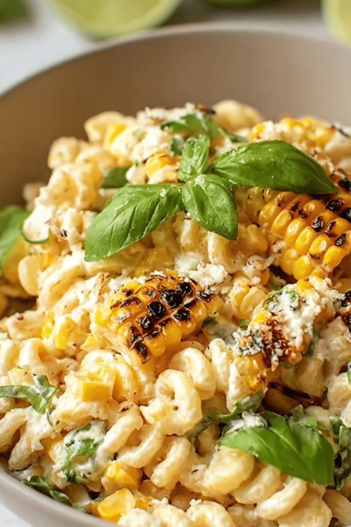 Creamy street corn pasta salad with smoky corn, fresh herbs, and creamy dressing