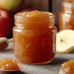 Homemade apple jam in a jar with fresh apples and a spoon