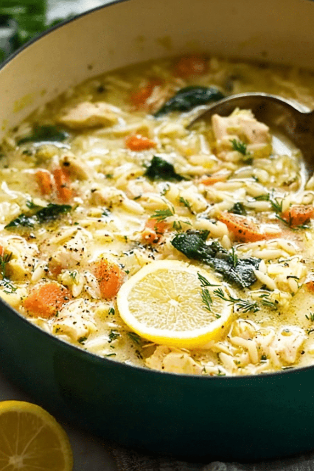 Lemon Chicken Orzo Soup served in a bowl with fresh spinach and lemon slices