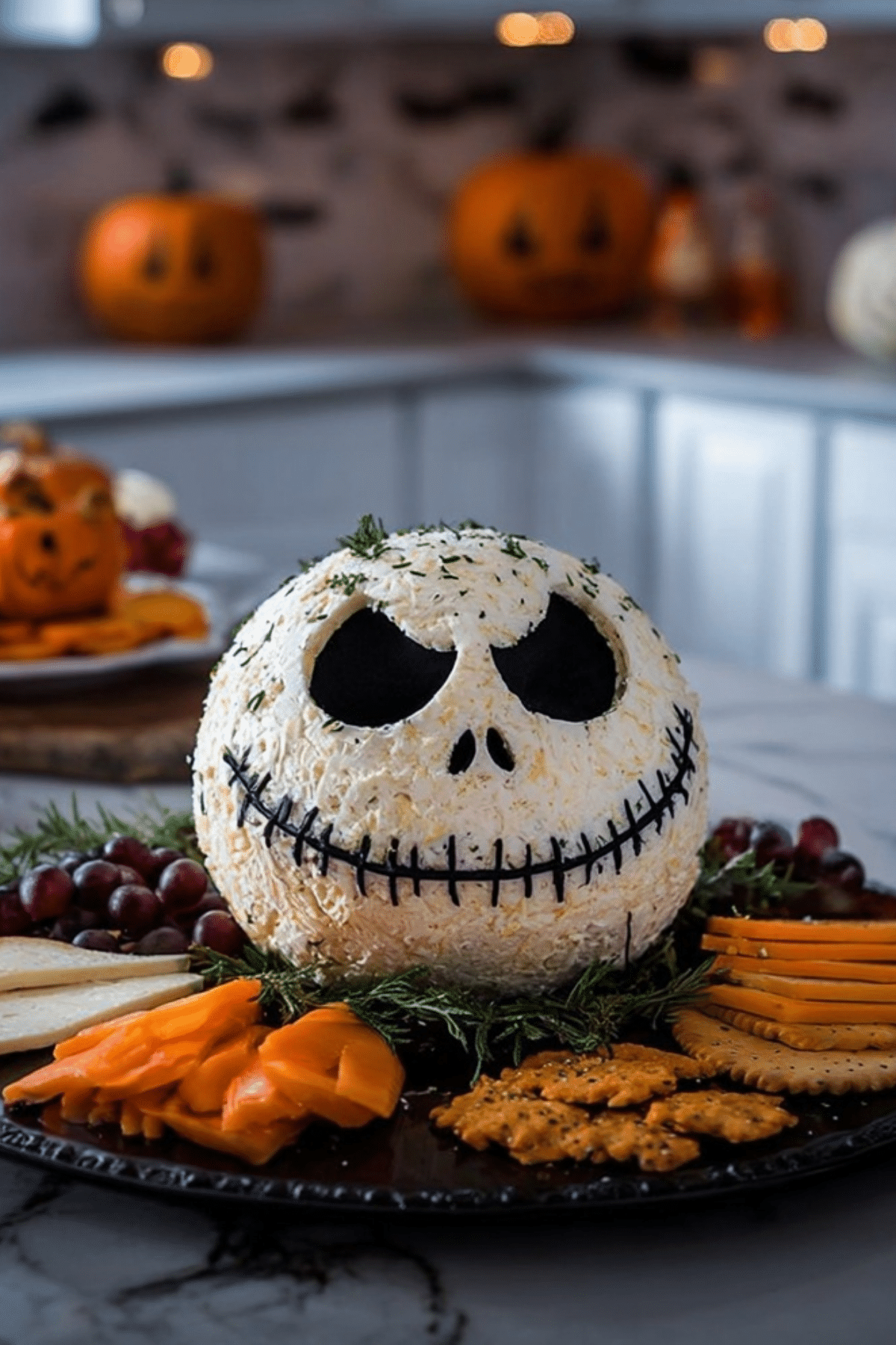 Skellington Cheese Ball Appetizer shaped like Jack Skellington