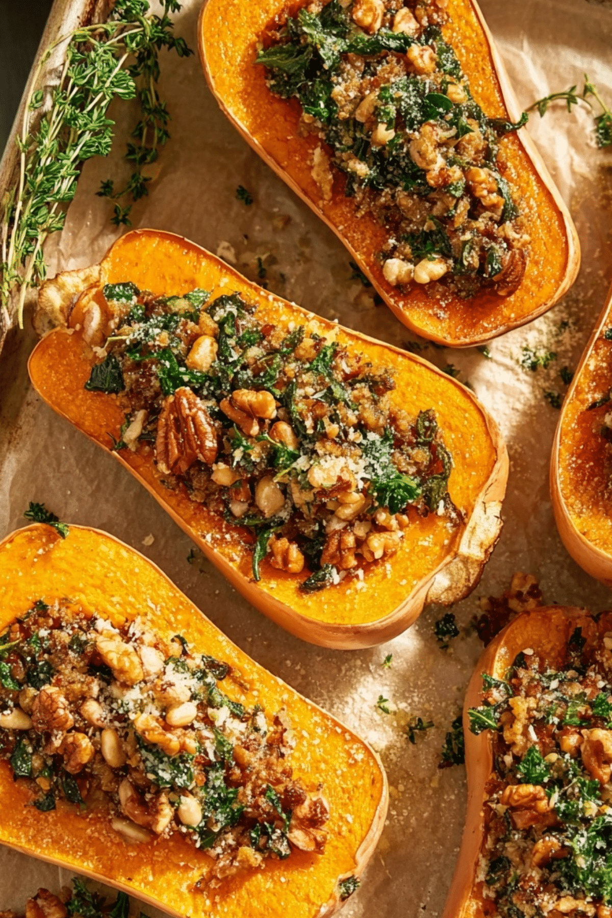 Stuffed Butternut Squash with sausage, rice, and kale