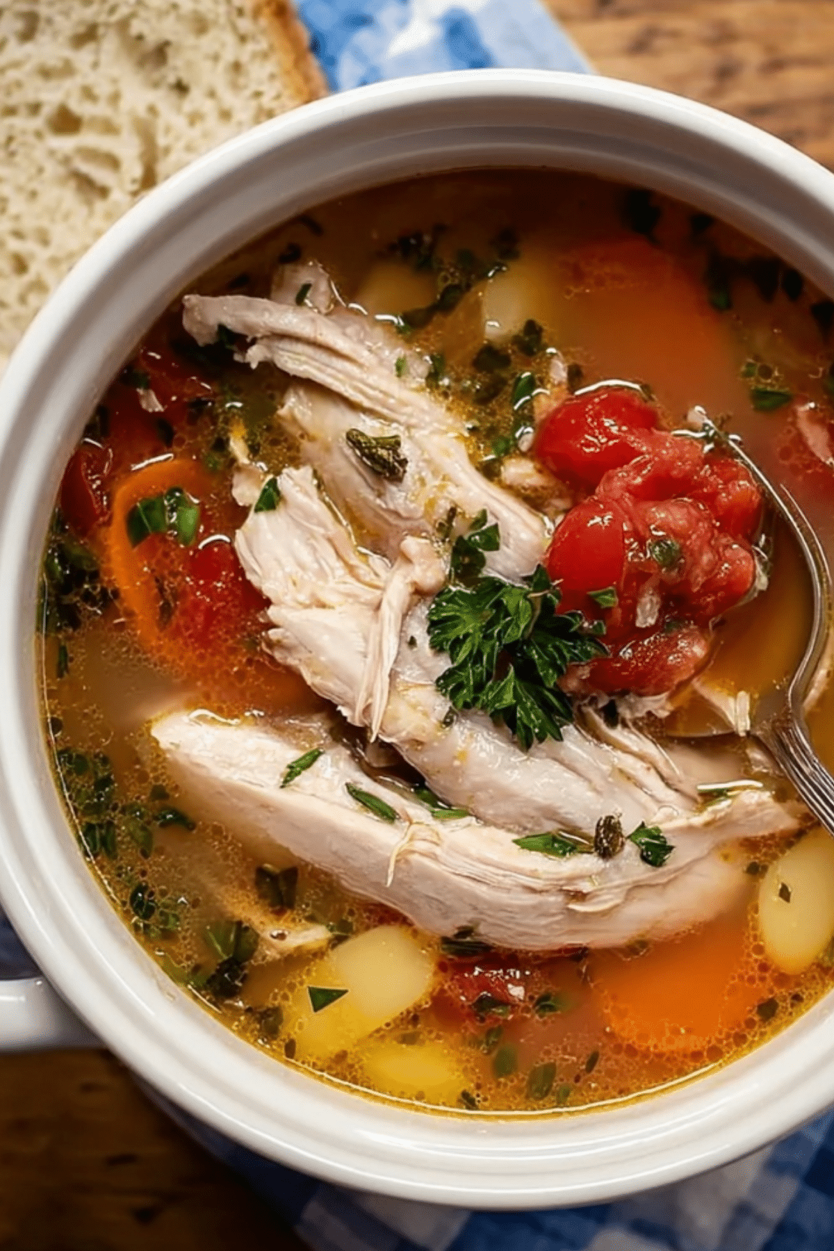 Creamy Tuscan Chicken Soup with kale, beans, and shredded chicken