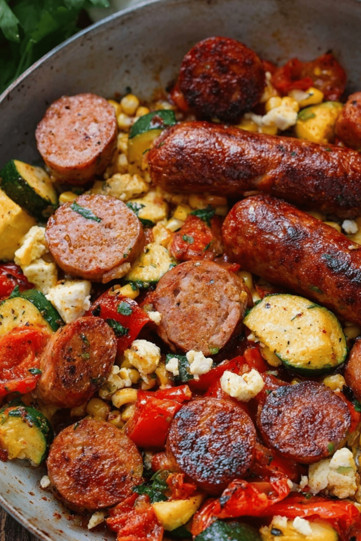 andouille sausage recipe with grilled vegetables in skillet